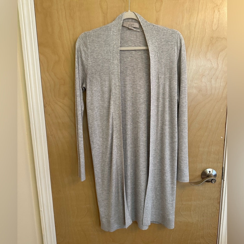 LOFT Lightweight Heather Gray Knit Open-Front Longline Cardigan Sweater, Size S